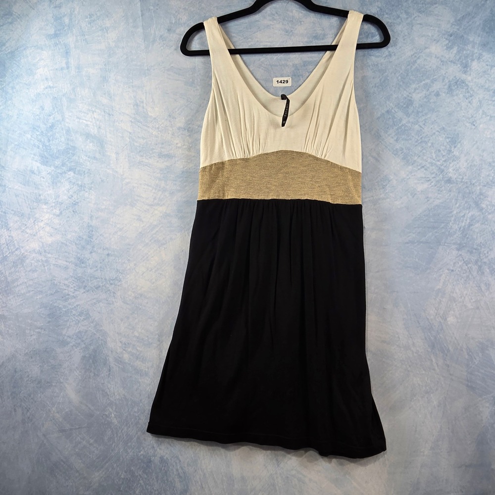 Poleci Women‎ XS Colorblock Empire Waist V-Neck Knit Dress Cream Gold Black
